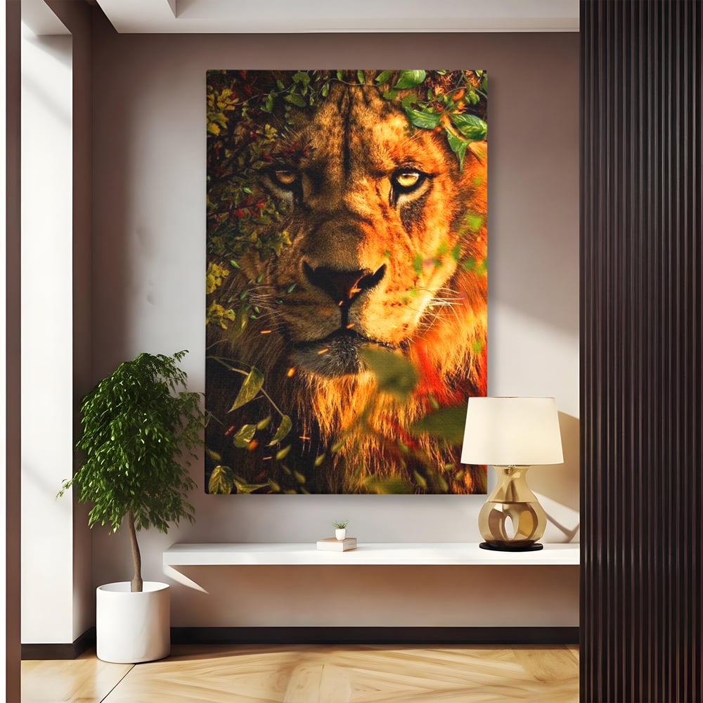 Tablou canvas cu tablou canvas cu leu mascat in frunzis, fara rama, pe sasiu de lemn